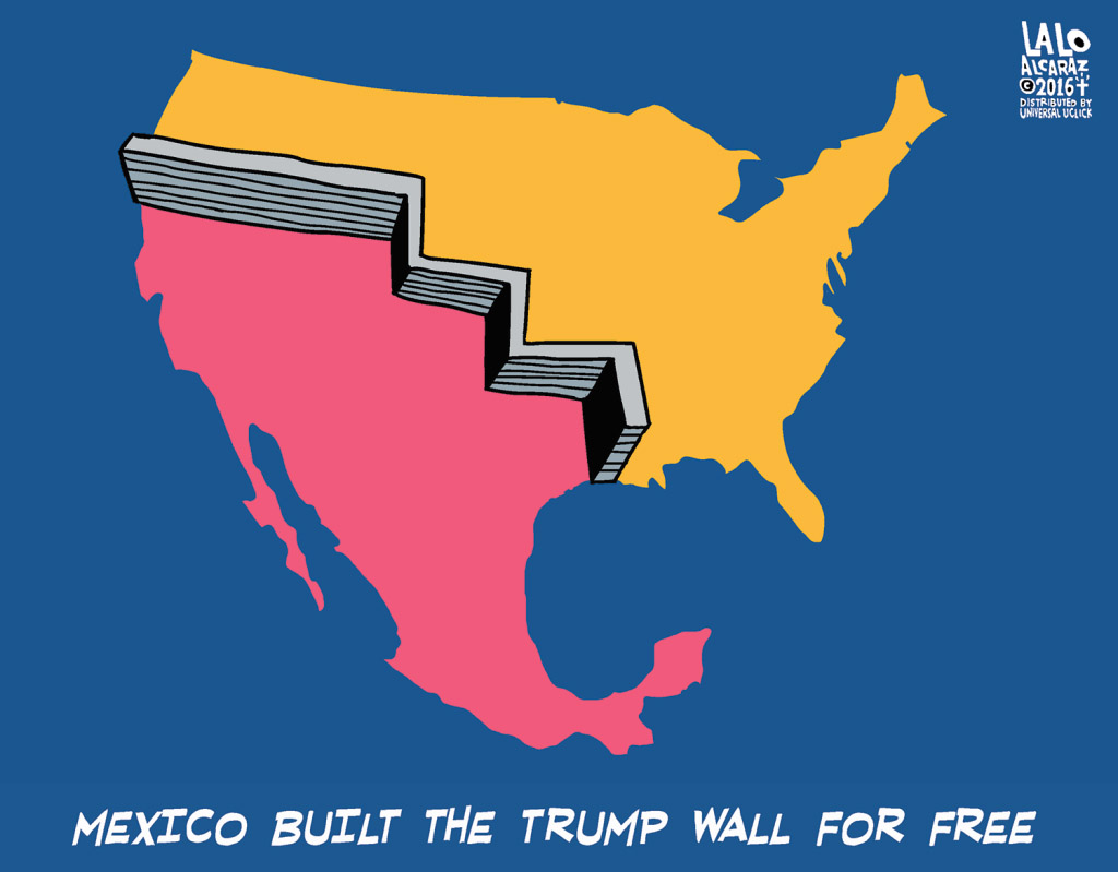 Cartoon of wall built by Mexico that uses historical boundaries that reach way into US Cartoon of wall built by Mexico that uses historical boundaries that reach way into US